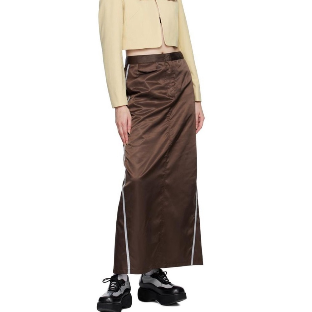 The Open Product Brown Satin Track Midi Skirt With Stripe‎ Down The Sides NWT S